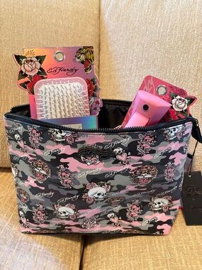 Ed Hardy Pink and Gray Skull Camo Cosmetic Pouch